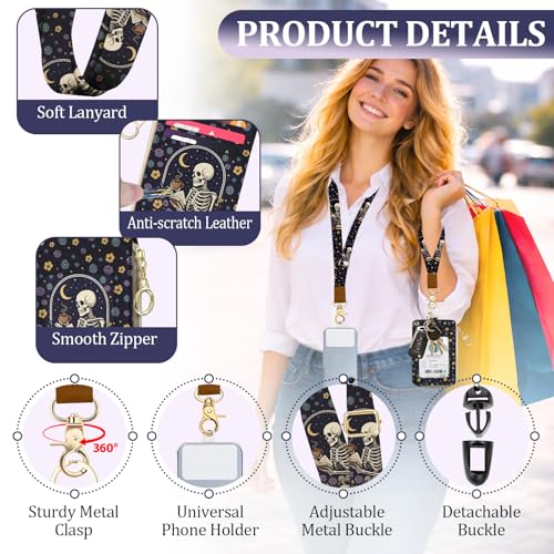 Gothic Lanyard Wallet for Id Badges, Funny Skull Card Holder with Neck Lanyard Wristlet, RFID PU Leather ID Case with Adjustable Lanyard Keychain for Women Teacher Student Nurse Work Office - color: Skull Drink Coffee Read Book