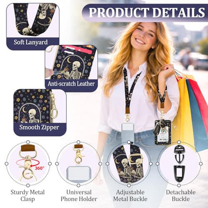 Gothic Lanyard Wallet for Id Badges, Funny Skull Card Holder with Neck Lanyard Wristlet, RFID PU Leather ID Case with Adjustable Lanyard Keychain for Women Teacher Student Nurse Work Office - color: Skull Drink Coffee Read Book