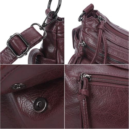 Angel Kiss Hobo Purses for Women Crossbody Shoulder Bag Ladies Multi Pocket Handbags with Adjustable Shoulder Strap | Soft Vegan Leather - color: Wine