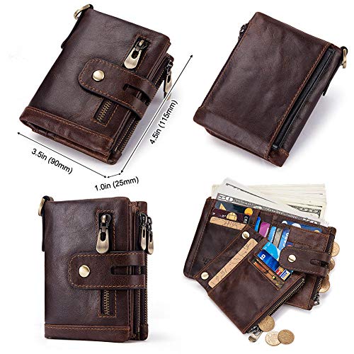 Genuine Leather Bifold Chain Wallet for Men RFID Blocking | Heavy Duty Steel Anti-Theft Chain & 2 Zipper Coin Purse. Perfect for Bikers, Daily Commute, Gift for Dad/Husband - color: Brown