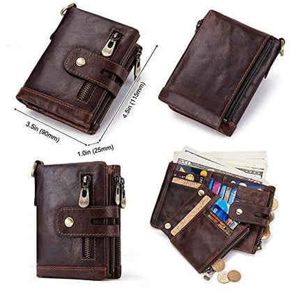 Genuine Leather Bifold Chain Wallet for Men RFID Blocking | Heavy Duty Steel Anti-Theft Chain & 2 Zipper Coin Purse. Perfect for Bikers, Daily Commute, Gift for Dad/Husband - color: Brown