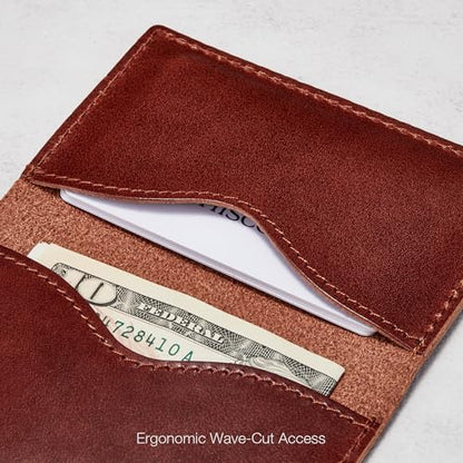 HISCOW Slim Full Grain Leather Business Card Holder, Veg-Tanned Espresso | Minimalist unlined raw edge, ultra-thin profile, bifold front pocket wallet, holds folded cash, premium gift box - color: Veg-Tanned Espresso