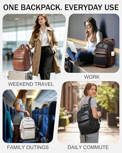Bluome Work Backpack for Women Men, Laptop Vegan Leather Backpack Purse with 15.6–17 Inch Laptop, Multi-Pocket Bookbag for Office Travel Gym Weekend Overnight Bag, Beige - color: Beige