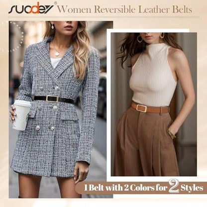 SUOSDEY Women Reversible Leather Belts for Jeans Pants Dresses Ladies Fashion Belts with Gold Buckle,Width 0.9" - color: A-black/Brown 1pcs-gold Buckle, size: Suitable waist size 44"-49"