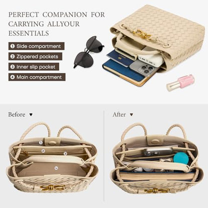 Woven Tote Bag for Women Leather Shoulder Handbag Designer Top Handle Purses - color: Sand Color