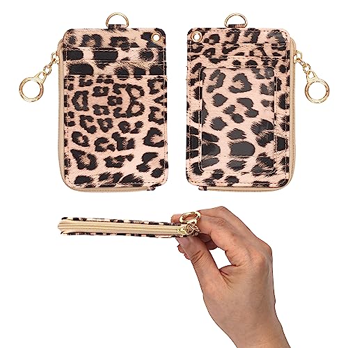 MONDO DESIGNS 2-in-1 ID Badge Holder & Lanyard Wallet - Multi-Use Womens Small Wallet with Removable Wristlet & Neck Lanyard, Clear Window, 5 Card Slots, Phone Holder, Ring Keychain - Leopard - color: Leopard