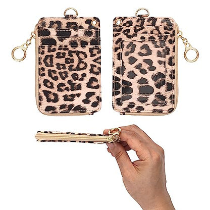 MONDO DESIGNS 2-in-1 ID Badge Holder & Lanyard Wallet - Multi-Use Womens Small Wallet with Removable Wristlet & Neck Lanyard, Clear Window, 5 Card Slots, Phone Holder, Ring Keychain - Leopard - color: Leopard
