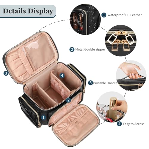 Bagmoly Makeup Bag Travel 2 Pcs Set Cosmetic Toiletry Bag, Black | Cosmetic Pouch Large Capacity with Makeup Brush Compartment, Cosmetic Travel Bag with Divider and Handle Toiletry Bag - color: 04-Leather Black, size: Large