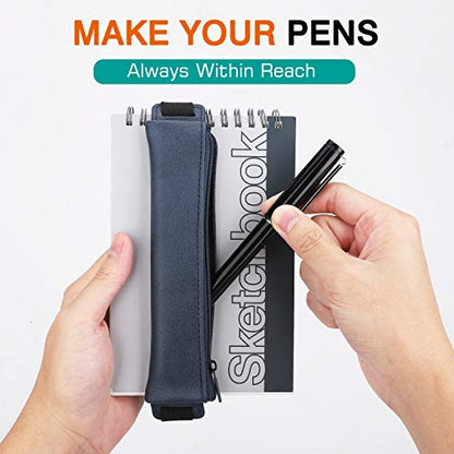 MoKo Elastic Pen Holder for Notebook, 2 Pack PU Leather Pouches | Zippered notebook pouch stores 3–4 pens and secures to hardcovers over 21 cm with an elastic strap; Gold Pink and Dark Blue. - color: Goldpink+Darkblue