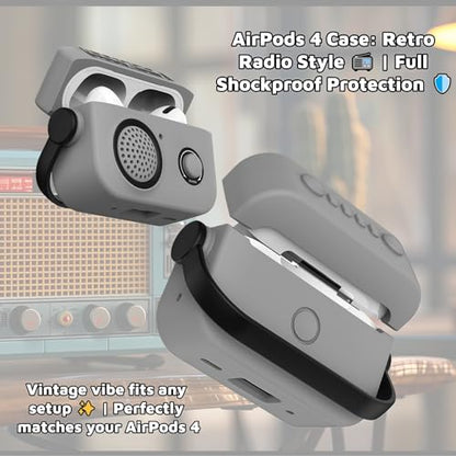 Cute 3D Retro Radio Case Compatible with AirPods 4 2024, Soft Silicone Protective Cover with Rotatable Handle (Lid Lock to Prevent Opening) & Strap, Precision Cutouts, Anti-Slip, Easy to Clean Gray - color: Light Gray, size: Airpods 4