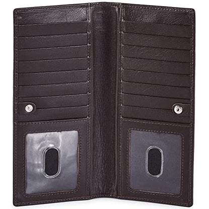 Long Wallet for Men Women Leather Slim Bifold RFID Blocking Card Holder | Real Top Grain Leather, Stylish 18 Credit Card Slots, 2 ID Windows, 2 Currency Sleeves, Gift Box, (Coffee, Nappa) - color: Coffee Nappa