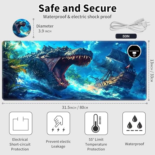 Warm Desk Pad,Heated Desk Pad,Office Mat,3 Heating Levels & 3 Hours Auto Shut-Off,31.5"*13" Gaming Mouse Laptop Keyboard Leather Desk Mat,Blue Dinosaur Ocean - color: Blue Dinosaur Ocean, size: 31.5 × 13 inch(80cm × 33cm)