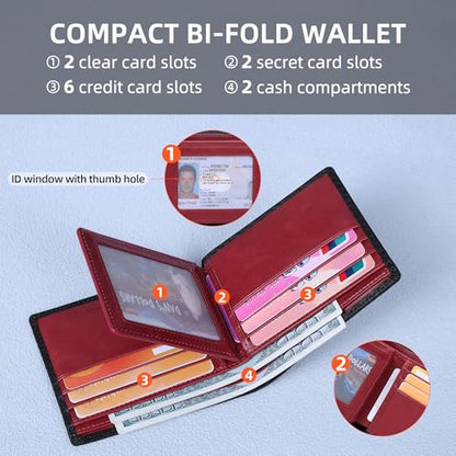 VISOUL Mens Wallet Bifold RFID Protected with 2 ID Windows 8 Credit Card Slots 2 Cash Compartments, Carbon Fiber Leather Wallet for Men Gift Box (Black+Burgundy) - color: Black+Burgundy