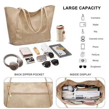 KKXIU Large Tote Bag for Women with Zipper Work Leather Travel Purse and Handbags - color: Beige