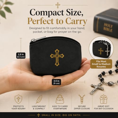 Black Rosary Pouch with Zipper & Gold St. Thomas Cross Imprint | Compact Leatherette Rosary Case for Small to Medium Rosaries | Protective Travel Rosary Holder for Men & Women - color: Black