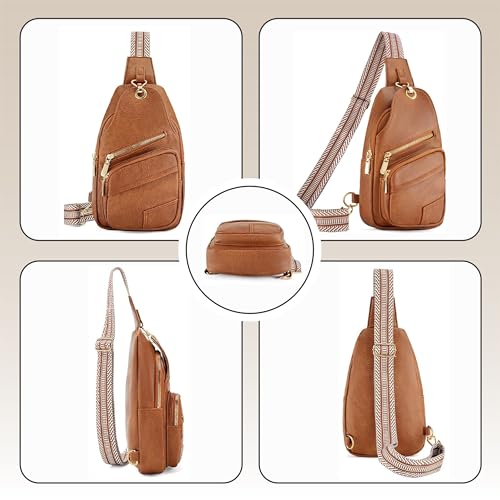 Sling Bag Set, PU Leather Sling Bag, Multi-Zipper Design for Travel, Outdoors, Valentine’s Day Gifts - color: 02-lbrown