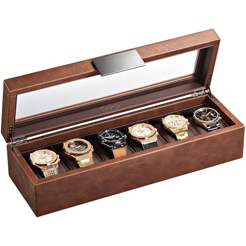 Glenor Co 6 Watch Box for Men - Mens Watch Case w Glass Lid – Luxury Mens Watch Box - Watch Holder for Men w Metal Accents & Sturdy Hinges - Modern & Masculine Watch Display Case Brown - color: Brown, size: 6 Slot