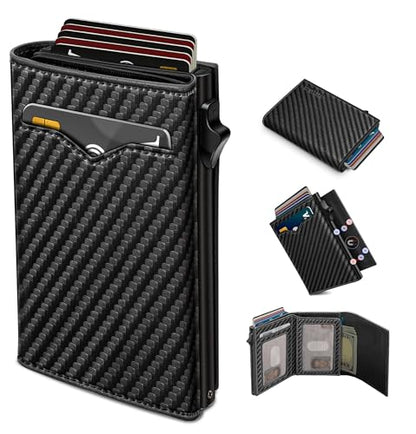 Wallet for Men,with Cash Pocket 2 ID Window 9-13 Cards,Metal Case Smart Slim Pop Up Credit Card Holder Flip with Magnetic Closure RFID Blocking Trifold wallet with Gift Box - color: Black072