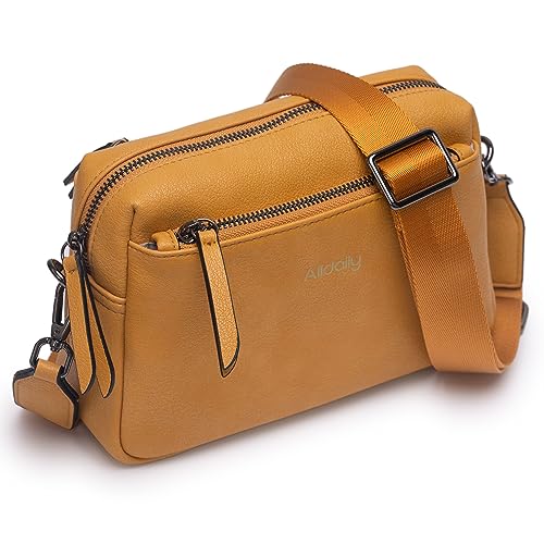 Alldaily Small Triple Zip Crossbody Purse for Women, Vegan Leather Phone Bag with Wide Shoulder Strap - color: Yellow