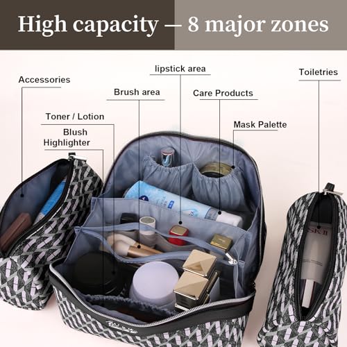 BOYATU Travel Makeup Bags for Women: Large Capacity Cosmetic Bag Set of 3 - Vegan Leather Make up Bags with Compartments - Wide Open Waterproof Toiletry Organizer Bag with Handle (P-04-Black) - color: 08-A-Black
