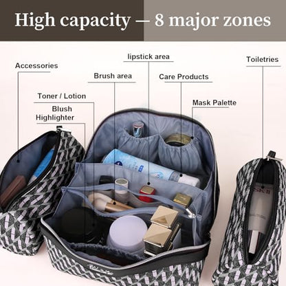 BOYATU Travel Makeup Bags for Women: Large Capacity Cosmetic Bag Set of 3 - Vegan Leather Make up Bags with Compartments - Wide Open Waterproof Toiletry Organizer Bag with Handle (P-04-Black) - color: 08-A-Black