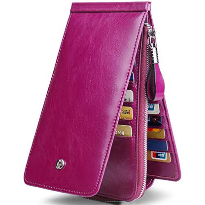 Women's Genuine Leather Credit Card Holder RFID Long Zipper Purse Wallet - color: Purple