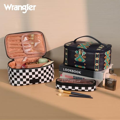 Wrangler Travel Makeup Bag 2pcs Set Cosmetic Bag with Makeup Brush Holder | Portable Make Up Organizer,Large Toiletry Bag with Divider and Handle for Women - color: Checkered-Black