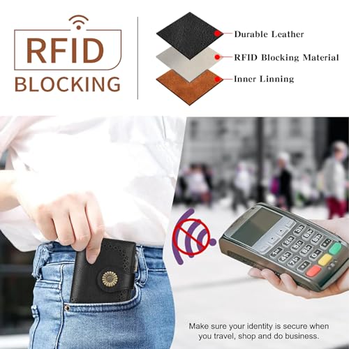 SENDEFN Small Wallets for Women Bifold RFID Blocking Leather Card Holder Compact Wallet with Zipper Coin Pocket - color: A-Black