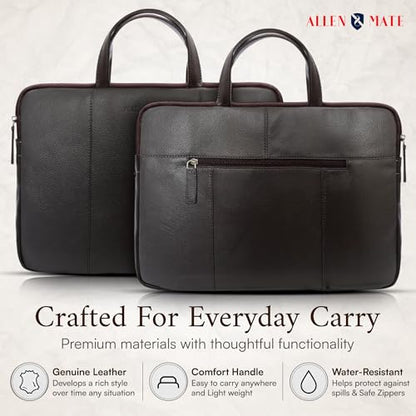 ALLEN & MATE 100% Leather Laptop Case 15 Inch Laptop Sleeve fits MacBook Air/Pro 15" M5/M4/M3/M2, MacBook Pro 14", Dell, HP, Lenovo, Chromebook 14"-15.6" Computer Bag Zip Pocket - Brown - color: Brown, size: 15 in