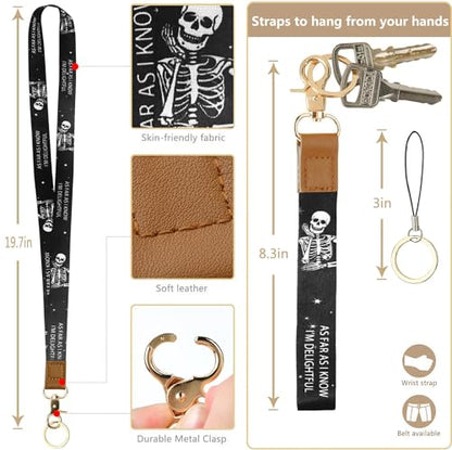 2-in-1 Lanyard Wallet &ID Badge Holder, Breakaway Wristlet & Neck Lanyard with Zip ID Case, Leather ID Card Holder Keychain Name Badge Clip for Worker Nurse Teacher (As Far As I Know I'm Delightful) - color: Skeleton I'm Delightful