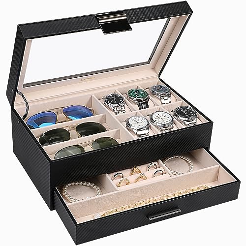 LANDICI 2-Layer PU Leather Watch and Jewelry Box, Striped Black | Six watch slots, glass lid and lower drawer organize watches, sunglasses, rings, bracelets, cufflinks and necklaces - color: Black & Apricot