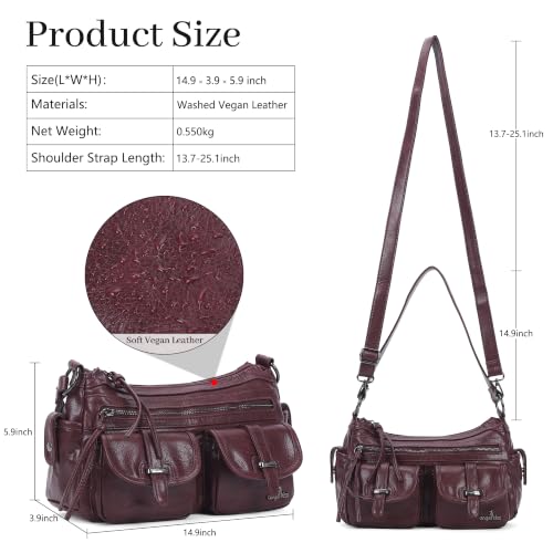 Angel Kiss Hobo Purses for Women Crossbody Shoulder Bag Ladies Multi Pocket Handbags with Adjustable Shoulder Strap | Soft Vegan Leather - color: Wine