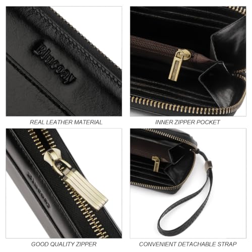 Real Leather Wristlet Wallet Women With RFID Blocking(ypblack) | Large capacity design,12 credit card slots,1 Inner zipper coin pocket,2 Full-length receipt slots,2 cash compartments - color: b1-Oiled leather black