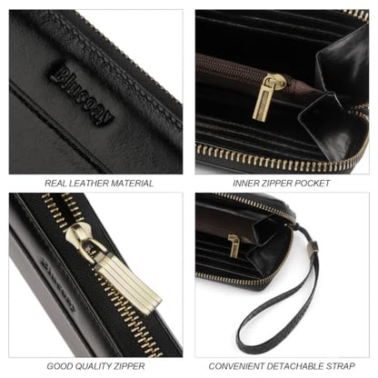 Real Leather Wristlet Wallet Women With RFID Blocking(ypblack) | Large capacity design,12 credit card slots,1 Inner zipper coin pocket,2 Full-length receipt slots,2 cash compartments - color: b1-Oiled leather black
