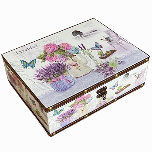 Decorative Treasure Chest, Vintage Wooden Storage Box With PU Leather Surface for Trinkets, Jewelry, Photos - Memory Keepsake Box With Lid, Gifts for Kids, Girls, Women, Home Decor - color: Lavender, Medium