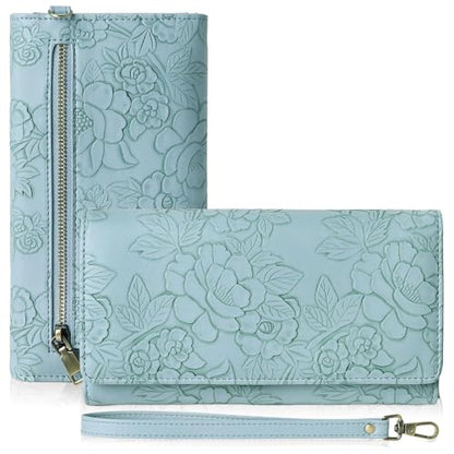 GAEKEAO Wallets for Women Vegan Leather RFID Blocking Card Holder Trifold Ladies Long Purse Wristlet Clutch with 3 ID Windows - color: Blue