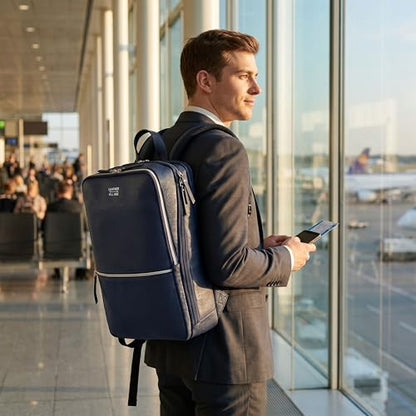 LEATHER VILLAGE Leather Laptop Backpack for Men with Trolley Strap 16L Blue | Water-Repellent, Slim Professional Business Bag Fits 2 Laptops up to 15.6", Tablets or Files, Work & Travel Daypack - color: Blue