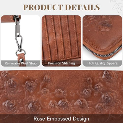 MEITRUE Womens Wallet Large Capacity Phone Clutch Purse RFID Floral Embossed Vegan Leather Travel Wallet with Wristlet Brown - color: 01-brown