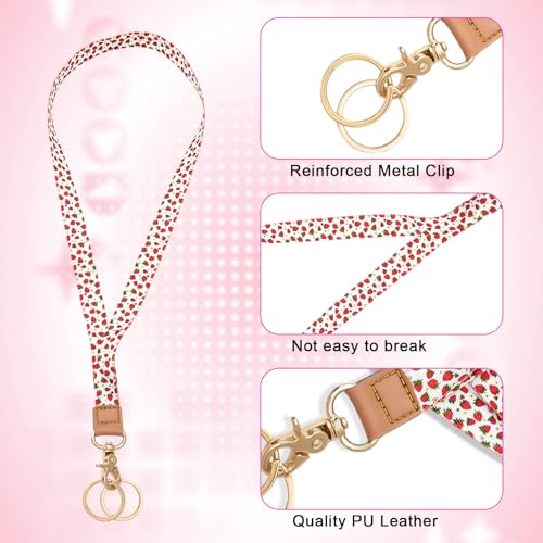 Badge Lanyard for Keys,Long Neck Strap with Metal Hook for ID Badges,Cute Keychain Lanyard for Women Men - color: Cute Strawberry Flower