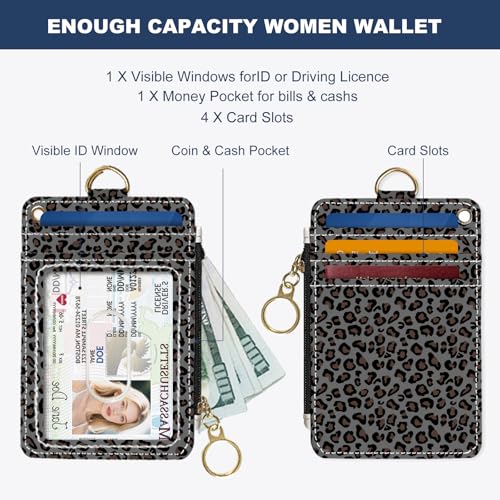 Slim Wallet Credit Card Holder,Leopard print Z, RFID Wallet Women Cute Small Front Pocket Wallet With Zipper, PU Leather Thin travel RFID Blocking Card Case ID Window,Ladies Gifts - color: Leopard print Z