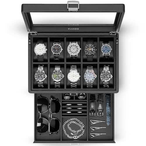 VLANDO Watch Box 10 Slots, Lockable Watch Case with Textured Leather, 2 Layer Watch Holder for Rings, Glasses, Mens Jewelry Box with Glass Lid, Removable Divider, Gifts for Father, Husband, Black - color: A.Black