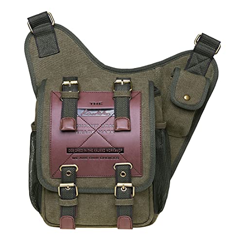 Mens Vintage Canvas Shoulder Messenger Bag Chest Leather Patchwork Messenger Bag - color: Armygreen