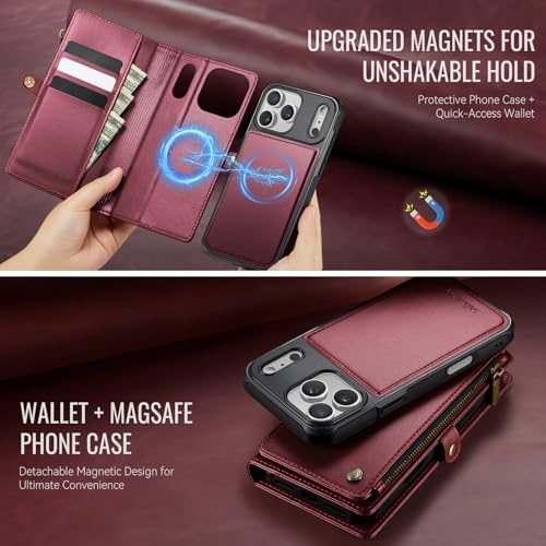 Defencase for iPhone 17 Pro Case Wallet Compatible with Magsafe, Wine Red | Drop-Proof Magnetic Detachable Phone Cases Cover, with RFID Bolcking Card Holder, Zipper Strap, PU Leather, Removable Wallet - color: (Detachable with Magsafe)-Wine Red