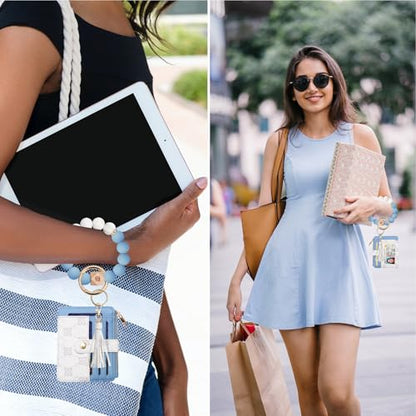 COOLANS Silicone Bracelet Wristlet Wallet Credit Card Holder RFID ID Window Key Ring Tassel Slim Wallet Women Keychain Purse - color: 블루 & 화이트 실리콘 비즈 팔찌+카드 지갑