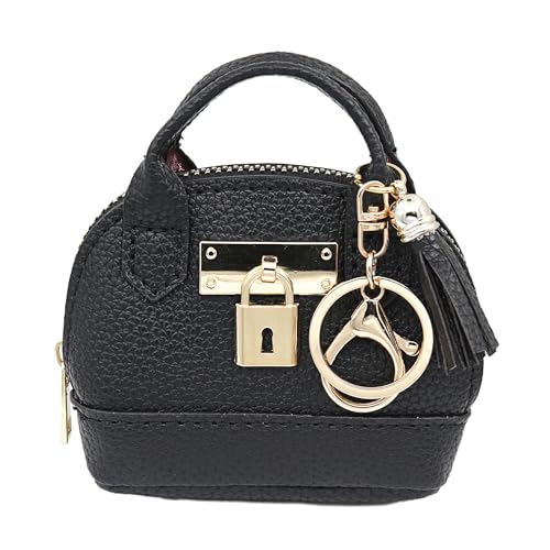 Mini Tote Purse Keychain, Cute Tote Bag Coin Purse Keychain, Mini Backpack Keychain Wallet PU Leather (Black) - color: Black