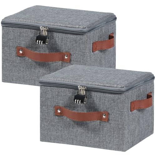 2PCS Lockable Storage Bins Box with Zipper Lid Combination Lock | Cotton Linen Fabric Lidded Baskets, Foldable Washable Closet Shelf Organizer Container, w/ PU Leather Handles, Gray, Small - color: Gray, size: Small ( Set of 2 )