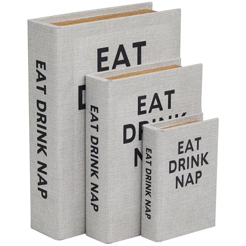 Deco 79 Linen Fabric Decorative Box Storage Book Book Shaped Boxes with Typography and Gold Page Inspired Detail, Set of 3 Decorative Keepsake Boxes 12, 9, 7"H, Light Gray - color: Light Gray, size: 12, 9, 7"H