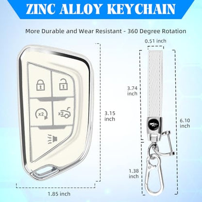 QBUC for Cadillac Key Fob Cover with Leather Keychain (Chrome Trim White) | Soft TPU Protection Case Compatible with 2020-2026 Cadillac Escalade Lyriq Optiq 5-Buttons - color: Chrome/White, size: 5-Buttons