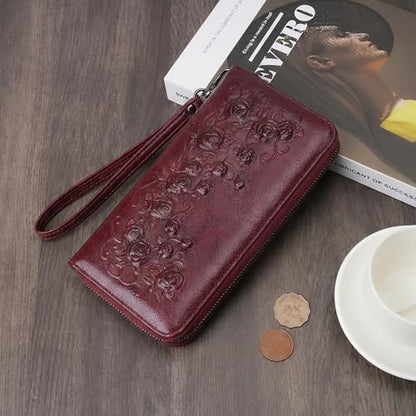 MEITRUE Womens Wallet Large Capacity Phone Clutch Purse RFID Floral Embossed Vegan Leather Travel Wallet with Wristlet Red - color: 07-red