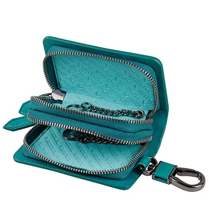 VISOUL Car Key Case Holder Double Zipper, Leather Car Smart Key Fob Case with Keychain for Men and Women - color: Lake Blue